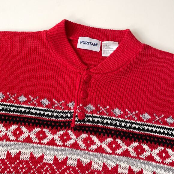Vintage 90s Fair Isle Sweater Apres Ski Nordic Red Henley Cozy Knit Scandi XL - Picture 6 of 11